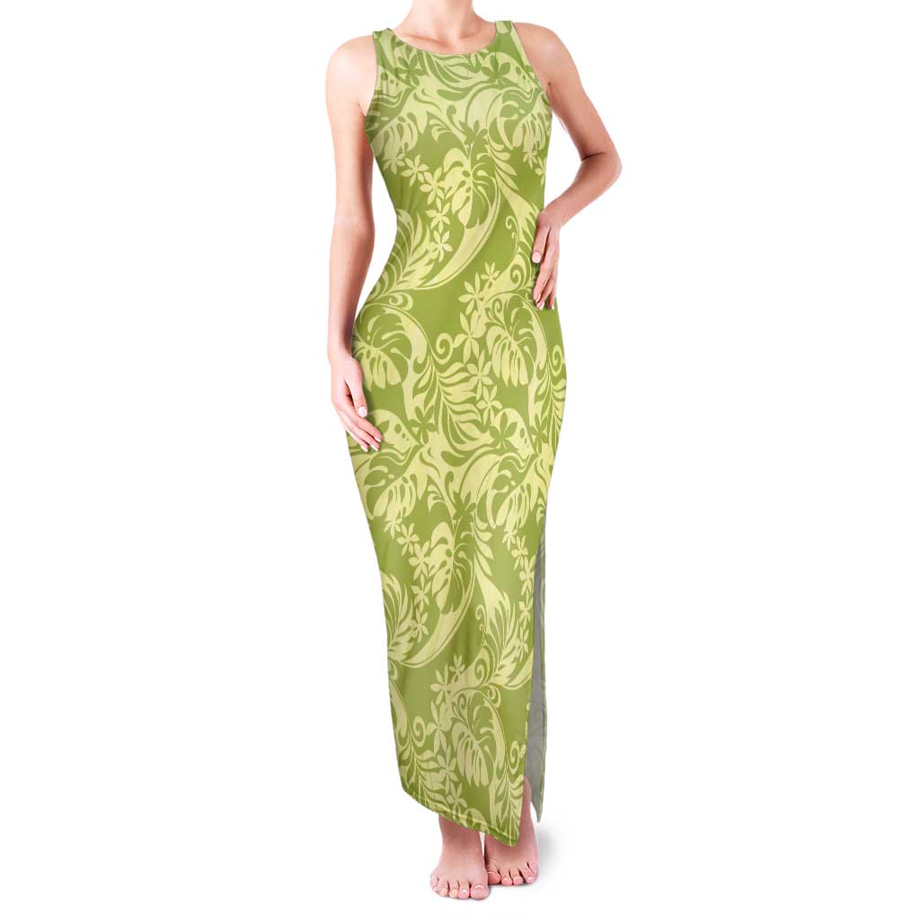 Tahiti Olive Tiare Floral Tank Maxi Dress Monstera Palm Tropical Leaves LT01 Women Olive - Polynesian Pride