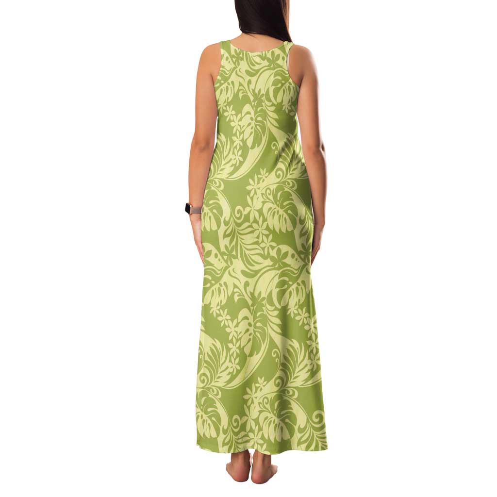 Tahiti Olive Tiare Floral Tank Maxi Dress Monstera Palm Tropical Leaves LT01 - Polynesian Pride