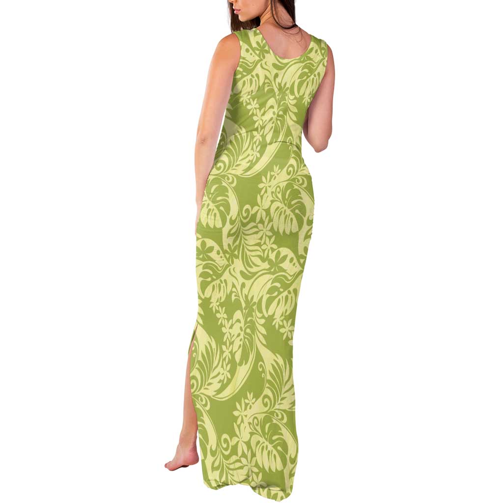 Tahiti Olive Tiare Floral Tank Maxi Dress Monstera Palm Tropical Leaves LT01 - Polynesian Pride