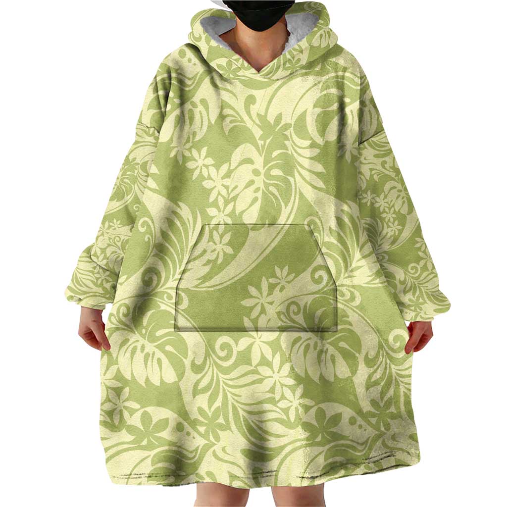 Tahiti Olive Tiare Floral Wearable Blanket Hoodie Monstera Palm Tropical Leaves LT01 - Polynesian Pride