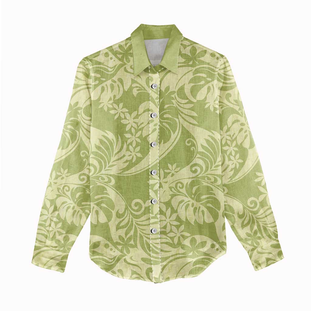 Tahiti Olive Tiare Floral Women Casual Shirt Monstera Palm Tropical Leaves - Polynesian Pride