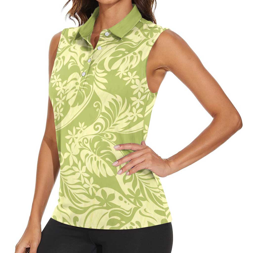 Tahiti Olive Tiare Floral Women Sleeveless Polo Shirt Monstera Palm Tropical Leaves LT01 - Polynesian Pride
