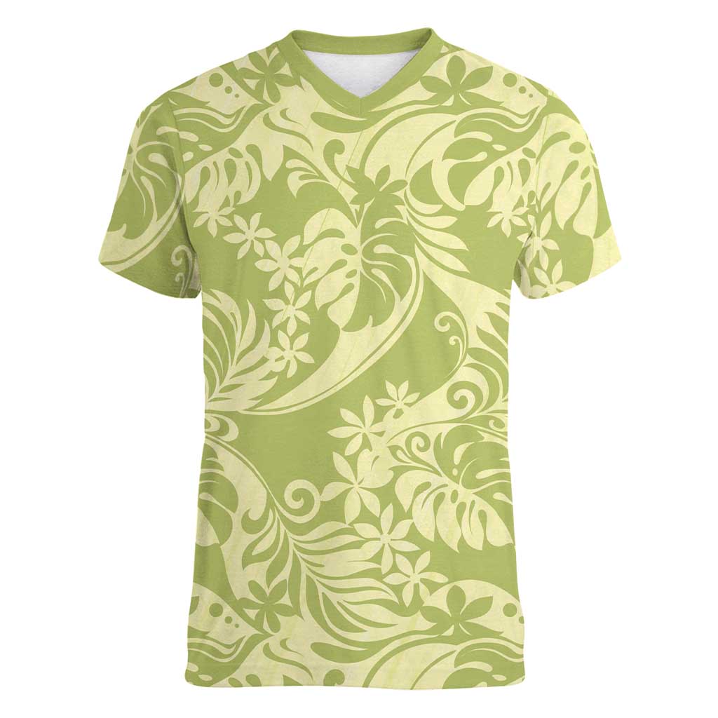 Tahiti Olive Tiare Floral Women V-Neck T-Shirt Monstera Palm Tropical Leaves LT01 Female Olive - Polynesian Pride