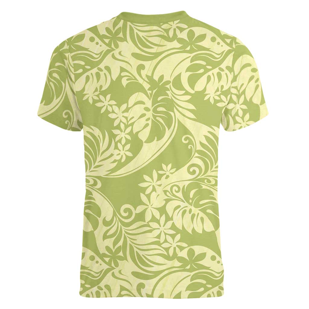 Tahiti Olive Tiare Floral Women V-Neck T-Shirt Monstera Palm Tropical Leaves LT01 - Polynesian Pride