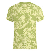 Tahiti Olive Tiare Floral Women V-Neck T-Shirt Monstera Palm Tropical Leaves LT01 - Polynesian Pride