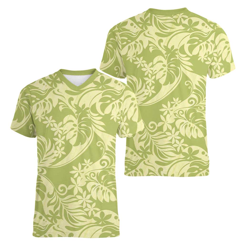 Tahiti Olive Tiare Floral Women V-Neck T-Shirt Monstera Palm Tropical Leaves LT01 - Polynesian Pride