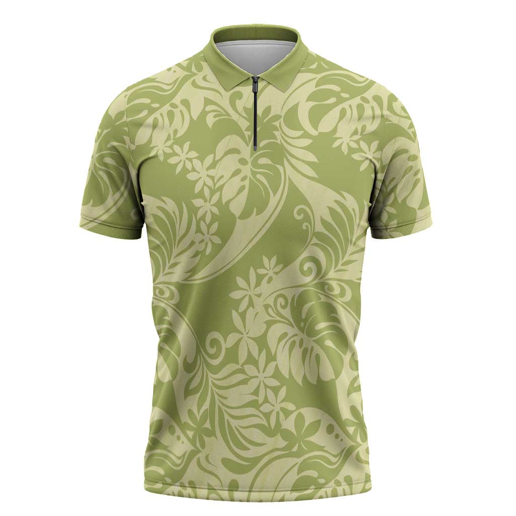 Tahiti Olive Tiare Floral Zipper Polo Shirt Monstera Palm Tropical Leaves - Polynesian Pride