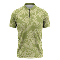 Tahiti Olive Tiare Floral Zipper Polo Shirt Monstera Palm Tropical Leaves LT01 Olive - Polynesian Pride