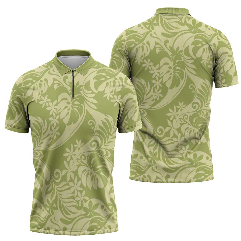 Tahiti Olive Tiare Floral Zipper Polo Shirt Monstera Palm Tropical Leaves LT01 - Polynesian Pride