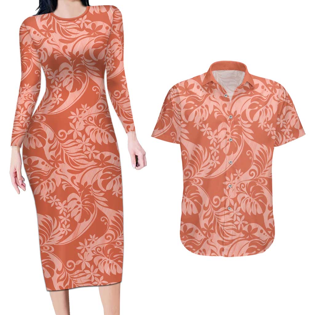 Tahiti Puatou Tiare Floral Couples Matching Long Sleeve Bodycon Dress and Hawaiian Shirt Monstera Palm Tropical Leaves LT01 Orange - Polynesian Pride
