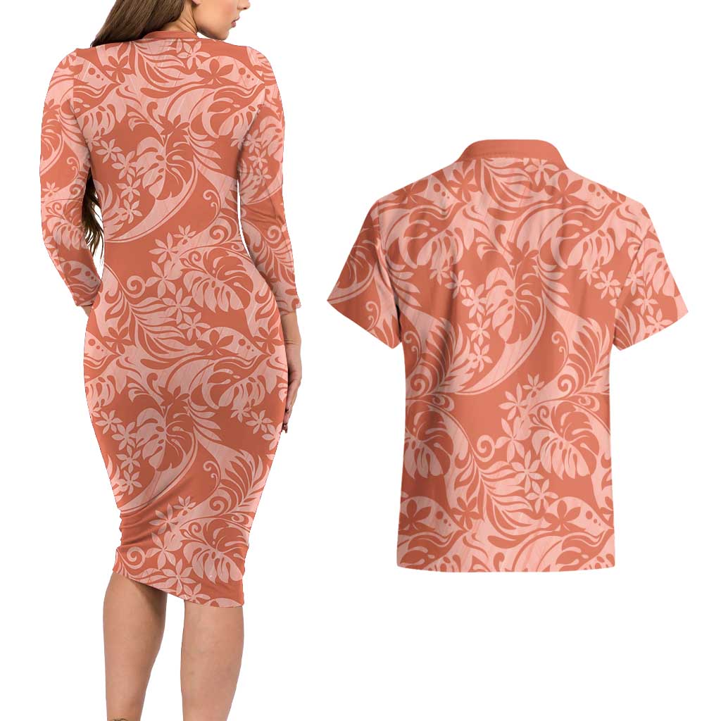 Tahiti Puatou Tiare Floral Couples Matching Long Sleeve Bodycon Dress and Hawaiian Shirt Monstera Palm Tropical Leaves LT01 - Polynesian Pride