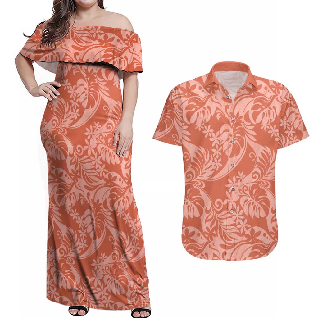 Tahiti Puatou Tiare Floral Couples Matching Off Shoulder Maxi Dress and Hawaiian Shirt Monstera Palm Tropical Leaves LT01 Orange - Polynesian Pride