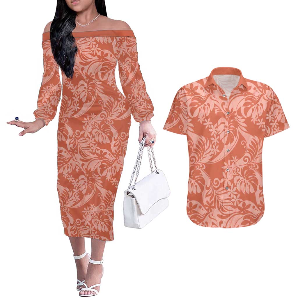 Tahiti Puatou Tiare Floral Couples Matching Off The Shoulder Long Sleeve Dress and Hawaiian Shirt Monstera Palm Tropical Leaves LT01 Orange - Polynesian Pride