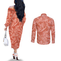 Tahiti Puatou Tiare Floral Couples Matching Off The Shoulder Long Sleeve Dress and Long Sleeve Button Shirt Monstera Palm Tropical Leaves LT01 - Polynesian Pride