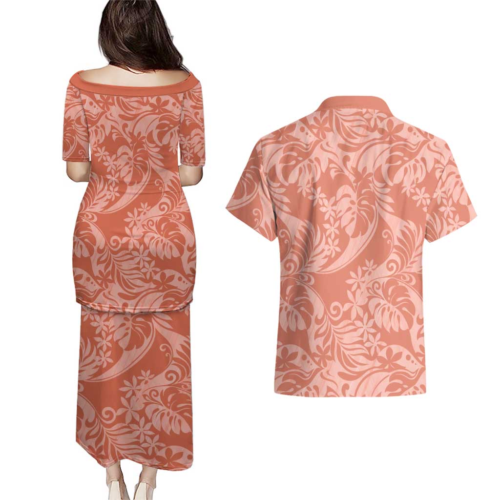 Tahiti Puatou Tiare Floral Couples Matching Puletasi and Hawaiian Shirt Monstera Palm Tropical Leaves LT01 - Polynesian Pride