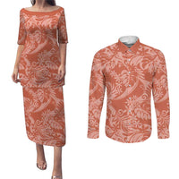Tahiti Puatou Tiare Floral Couples Matching Puletasi and Long Sleeve Button Shirt Monstera Palm Tropical Leaves LT01 Orange - Polynesian Pride