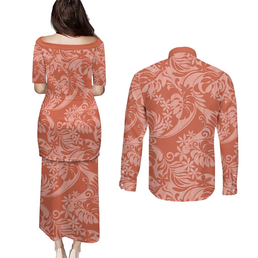 Tahiti Puatou Tiare Floral Couples Matching Puletasi and Long Sleeve Button Shirt Monstera Palm Tropical Leaves LT01 - Polynesian Pride