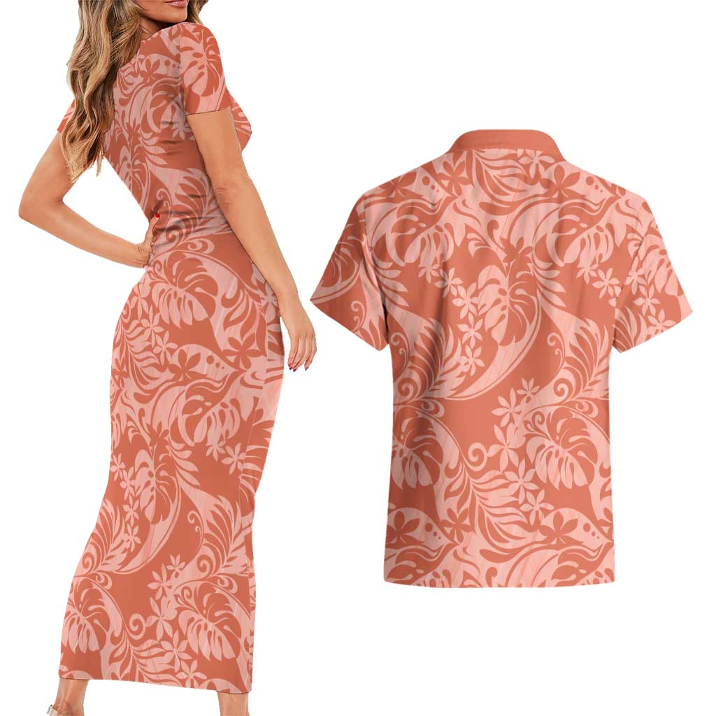 Tahiti Puatou Tiare Floral Couples Matching Short Sleeve Bodycon Dress and Hawaiian Shirt Monstera Palm Tropical Leaves LT01 - Polynesian Pride