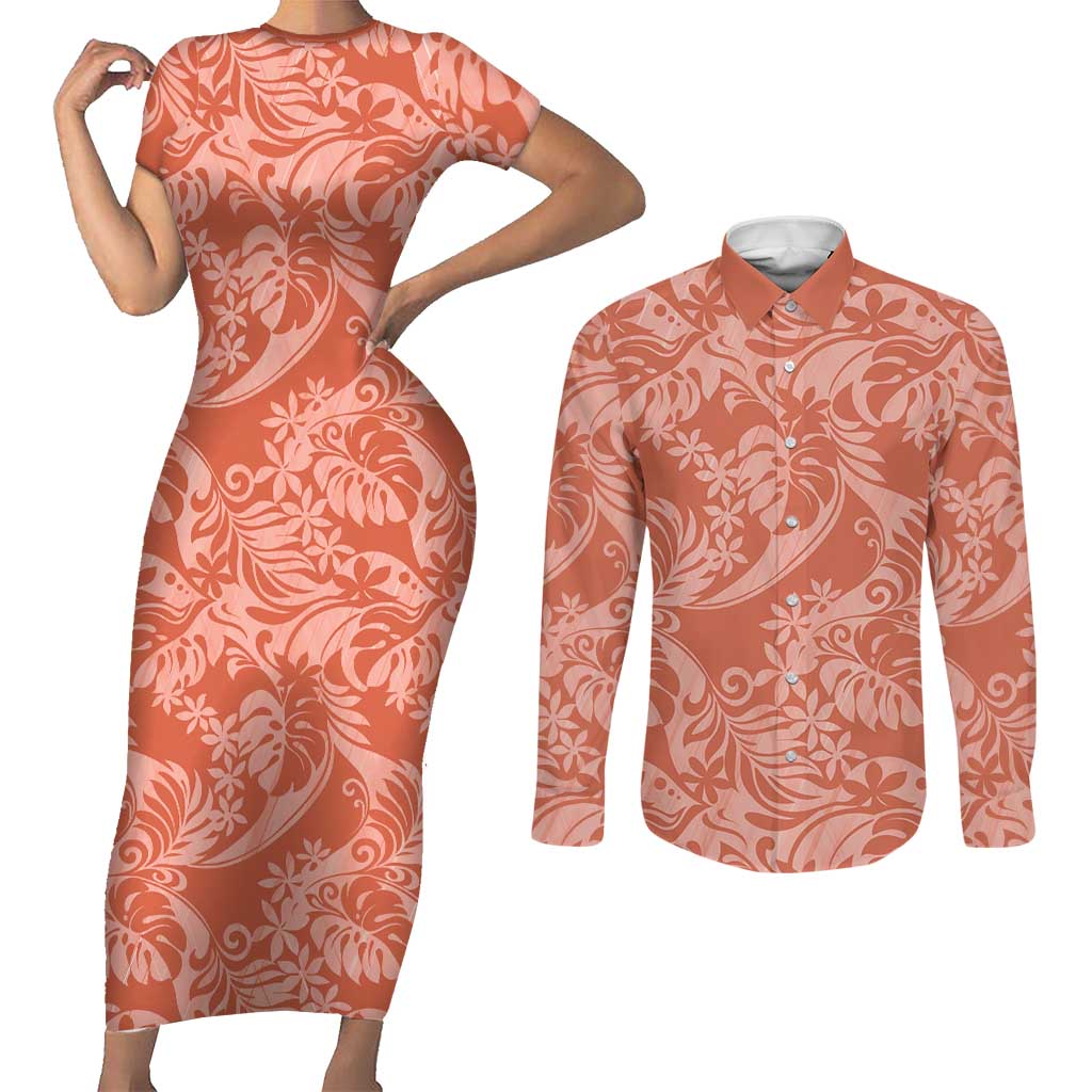 Tahiti Puatou Tiare Floral Couples Matching Short Sleeve Bodycon Dress and Long Sleeve Button Shirt Monstera Palm Tropical Leaves - Polynesian Pride