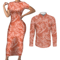 Tahiti Puatou Tiare Floral Couples Matching Short Sleeve Bodycon Dress and Long Sleeve Button Shirt Monstera Palm Tropical Leaves LT01 Orange - Polynesian Pride