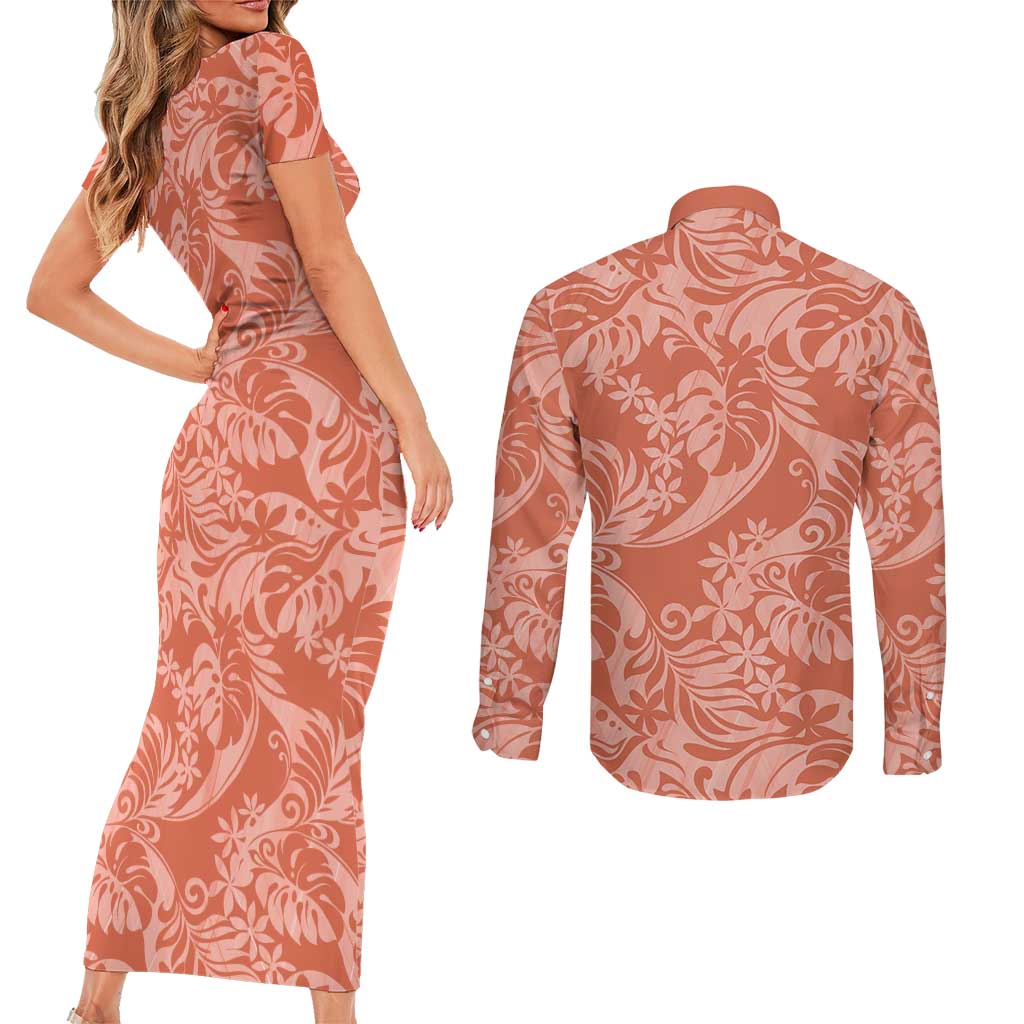 Tahiti Puatou Tiare Floral Couples Matching Short Sleeve Bodycon Dress and Long Sleeve Button Shirt Monstera Palm Tropical Leaves LT01 - Polynesian Pride