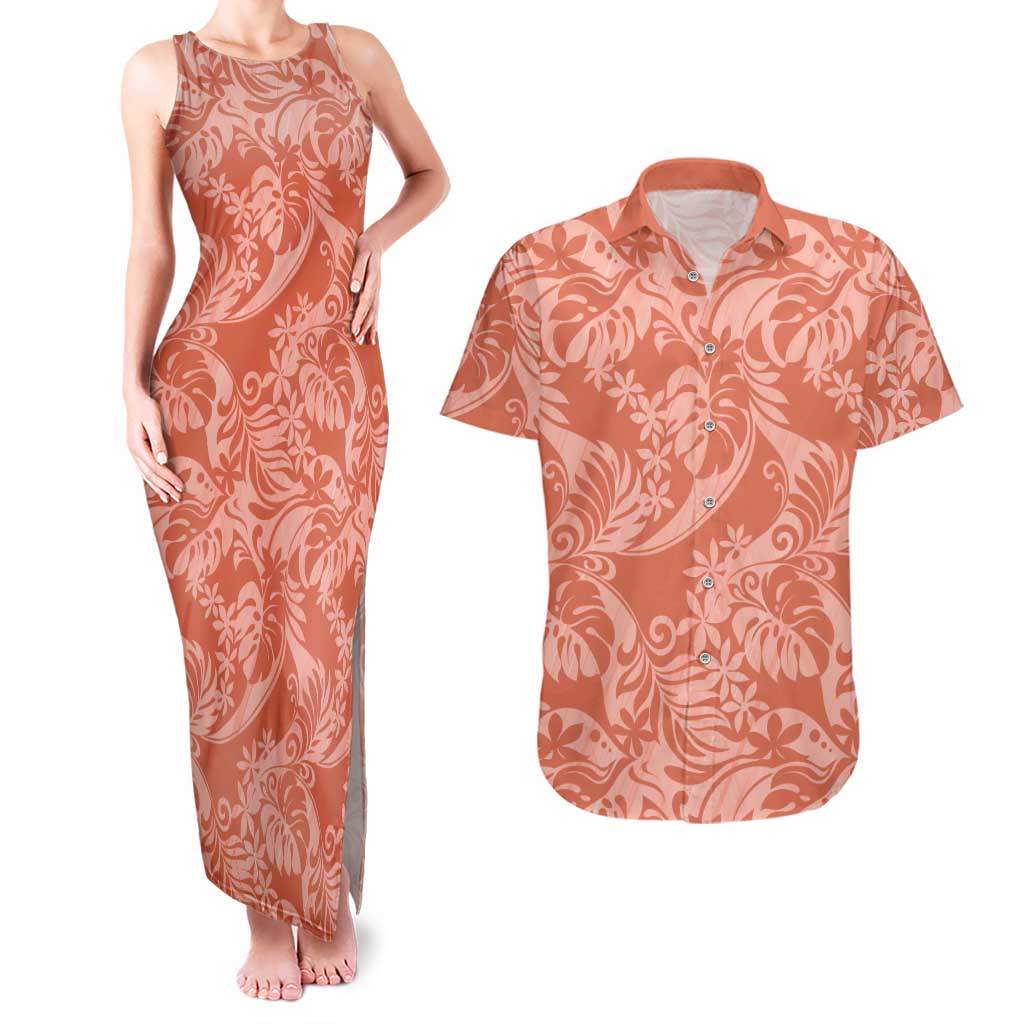 Tahiti Puatou Tiare Floral Couples Matching Tank Maxi Dress and Hawaiian Shirt Monstera Palm Tropical Leaves - Polynesian Pride