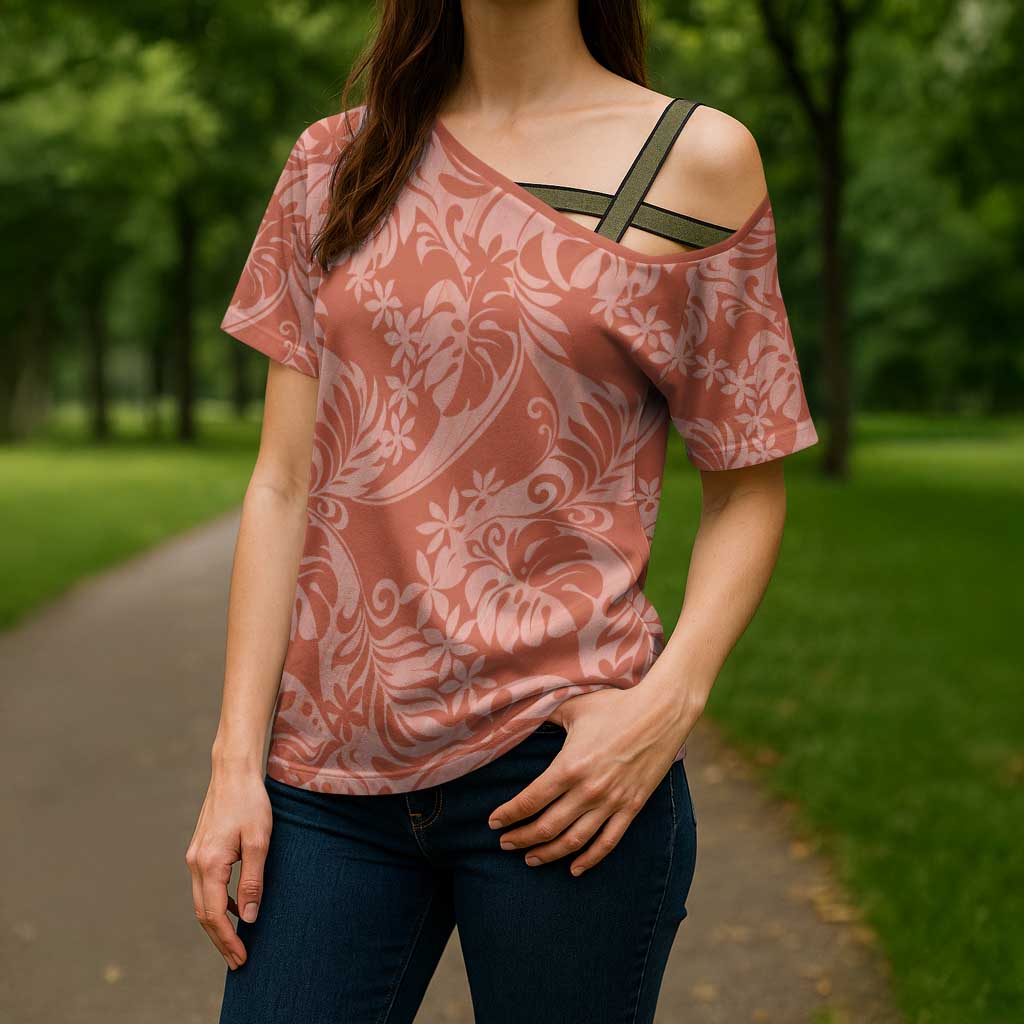 Tahiti Puatou Tiare Floral Cross Shoulder Shirt Monstera Palm Tropical Leaves LT01 - Polynesian Pride