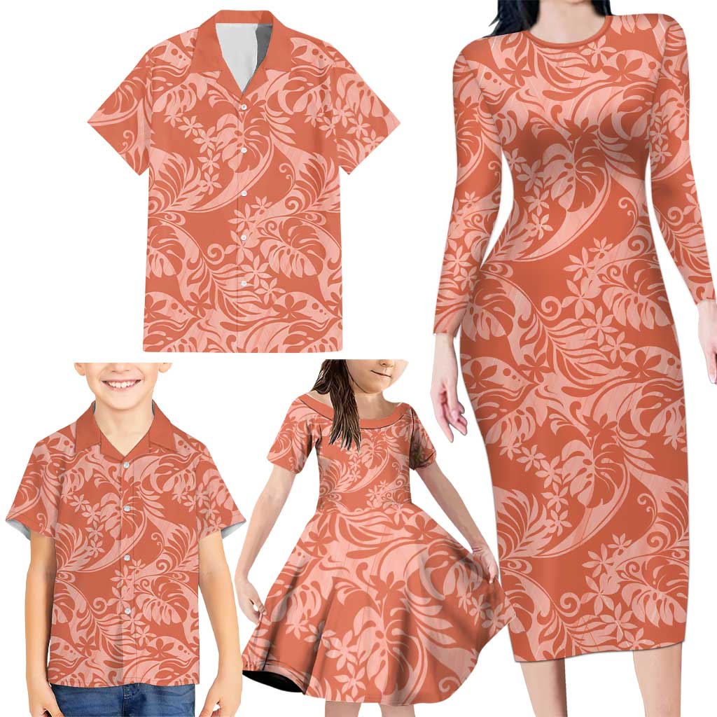Tahiti Puatou Tiare Floral Family Matching Long Sleeve Bodycon Dress and Hawaiian Shirt Monstera Palm Tropical Leaves - Polynesian Pride