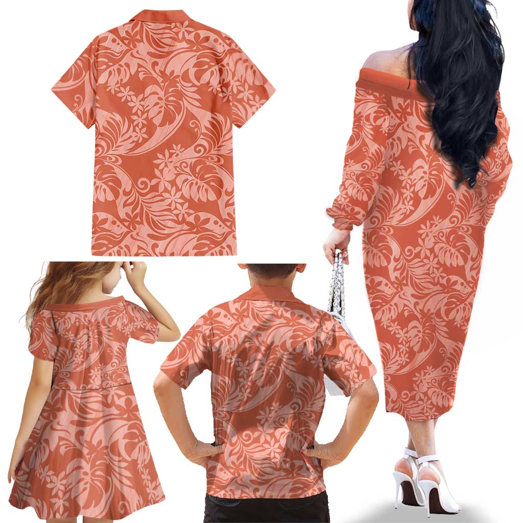 Tahiti Puatou Tiare Floral Family Matching Off The Shoulder Long Sleeve Dress and Hawaiian Shirt Monstera Palm Tropical Leaves LT01 - Polynesian Pride