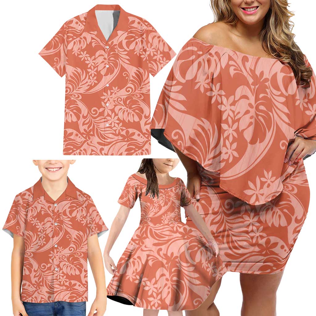 Tahiti Puatou Tiare Floral Family Matching Off Shoulder Short Dress and Hawaiian Shirt Monstera Palm Tropical Leaves - Polynesian Pride