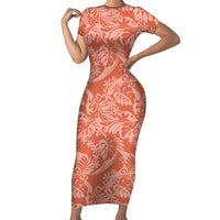 Tahiti Puatou Tiare Floral Family Matching Short Sleeve Bodycon Dress and Hawaiian Shirt Monstera Palm Tropical Leaves LT01 Mom's Dress Orange - Polynesian Pride