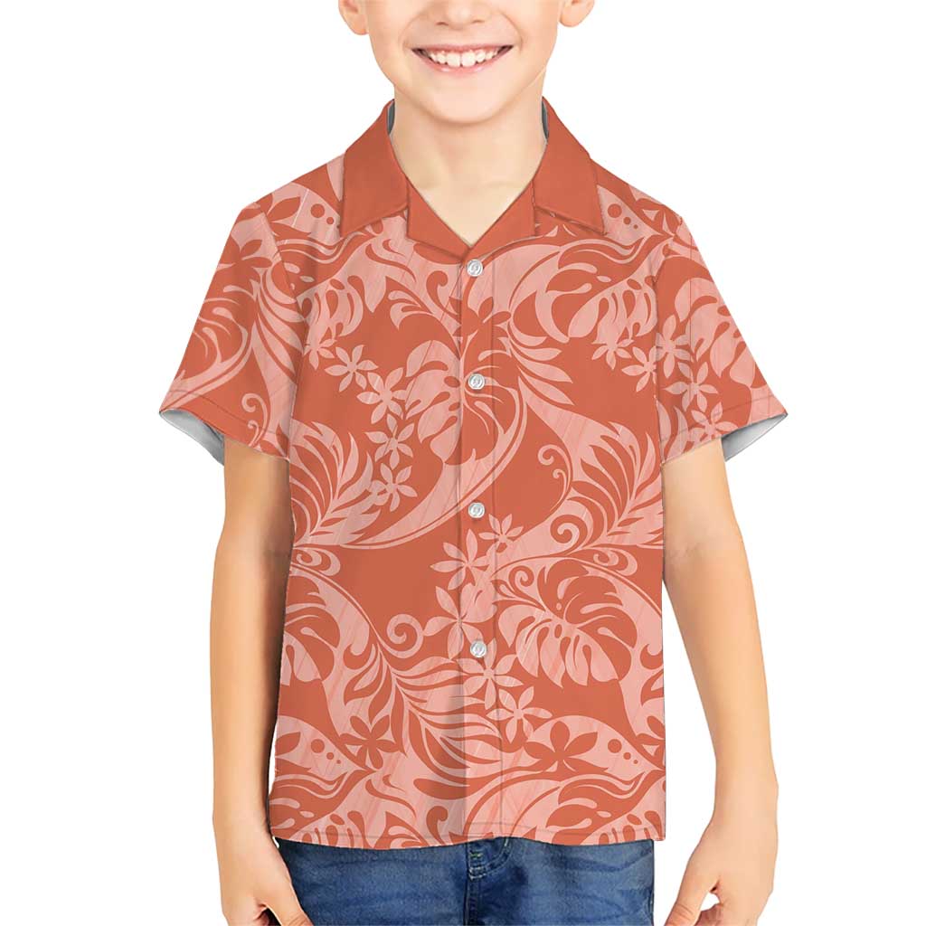 Tahiti Puatou Tiare Floral Kid Hawaiian Shirt Monstera Palm Tropical Leaves LT01 Kid Orange - Polynesian Pride