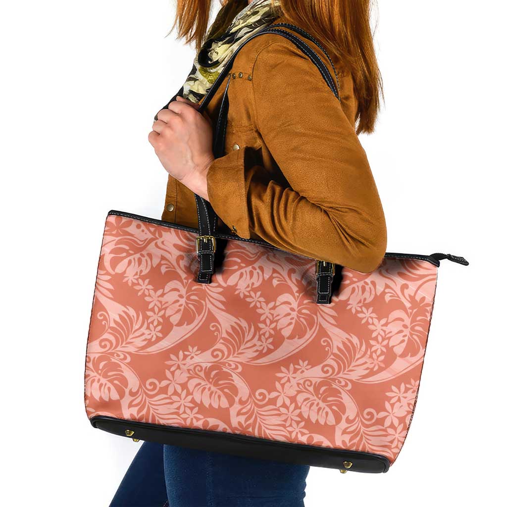 Tahiti Puatou Tiare Floral Leather Tote Bag Monstera Palm Tropical Leaves - Polynesian Pride