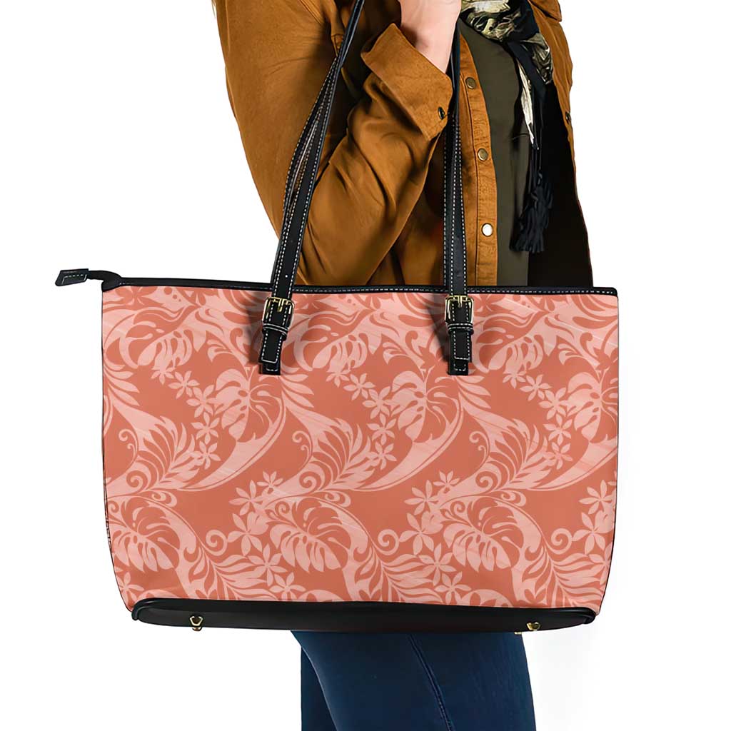 Tahiti Puatou Tiare Floral Leather Tote Bag Monstera Palm Tropical Leaves - Polynesian Pride