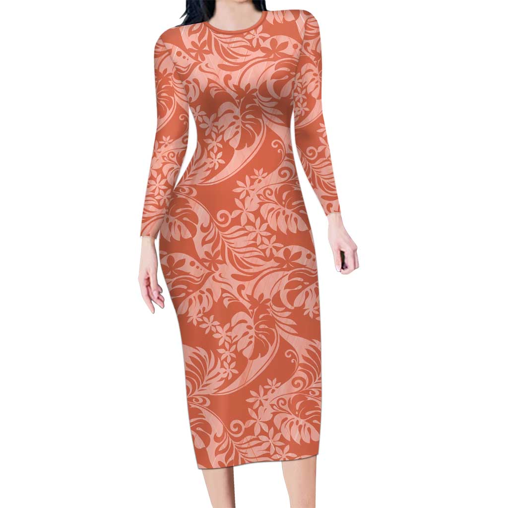 Tahiti Puatou Tiare Floral Long Sleeve Bodycon Dress Monstera Palm Tropical Leaves LT01 Long Dress Orange - Polynesian Pride
