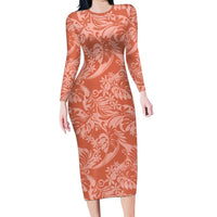 Tahiti Puatou Tiare Floral Long Sleeve Bodycon Dress Monstera Palm Tropical Leaves LT01 Long Dress Orange - Polynesian Pride