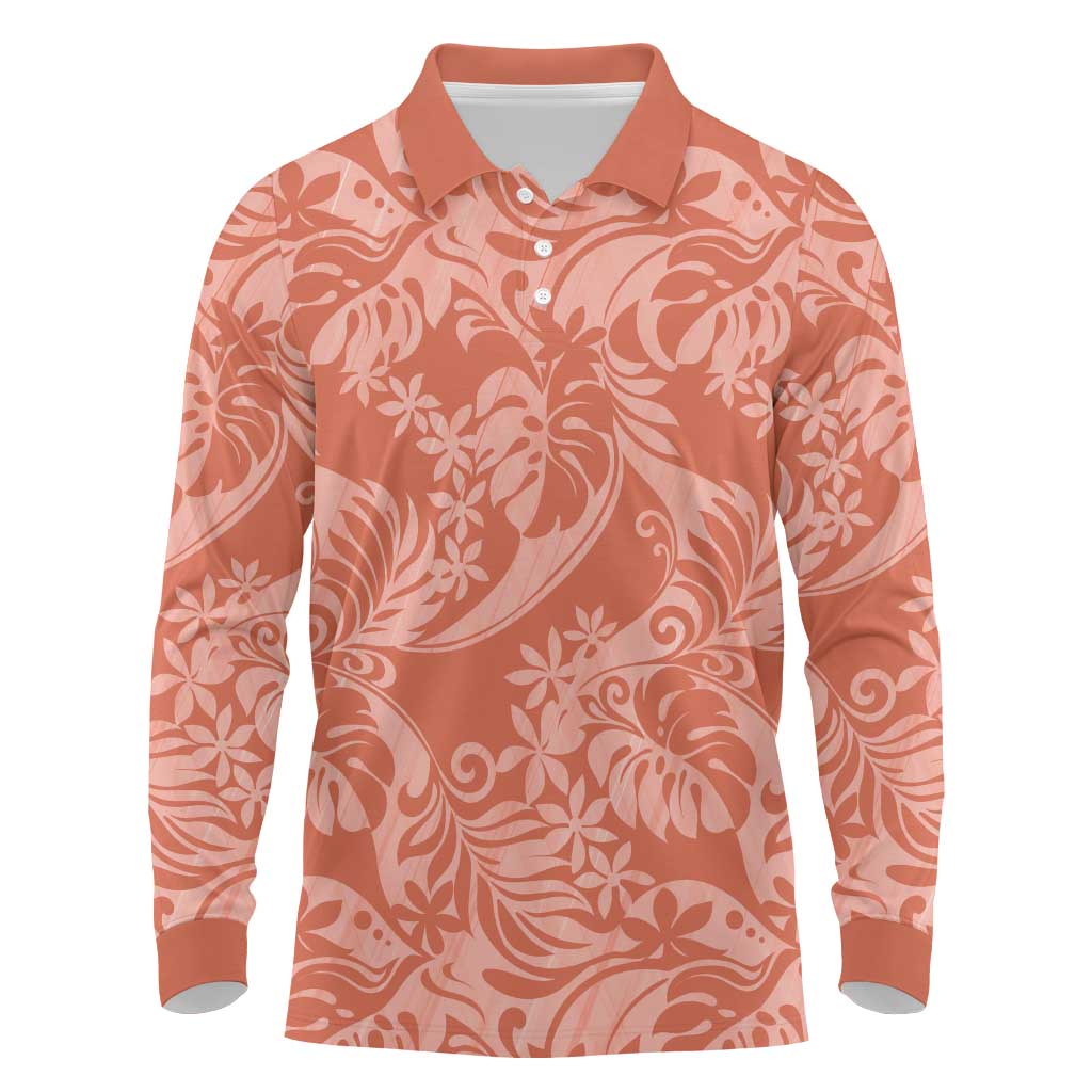 Tahiti Puatou Tiare Floral Long Sleeve Polo Shirt Monstera Palm Tropical Leaves LT01 Orange - Polynesian Pride