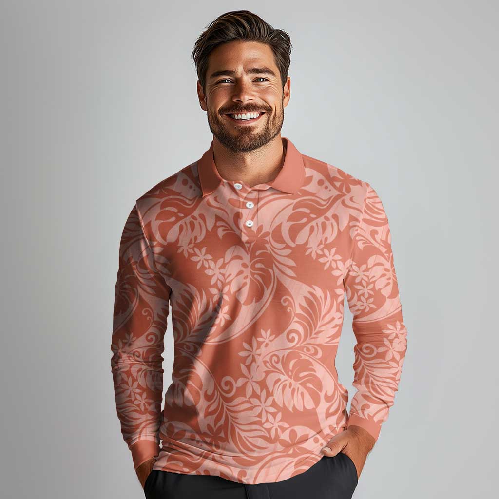 Tahiti Puatou Tiare Floral Long Sleeve Polo Shirt Monstera Palm Tropical Leaves LT01 - Polynesian Pride