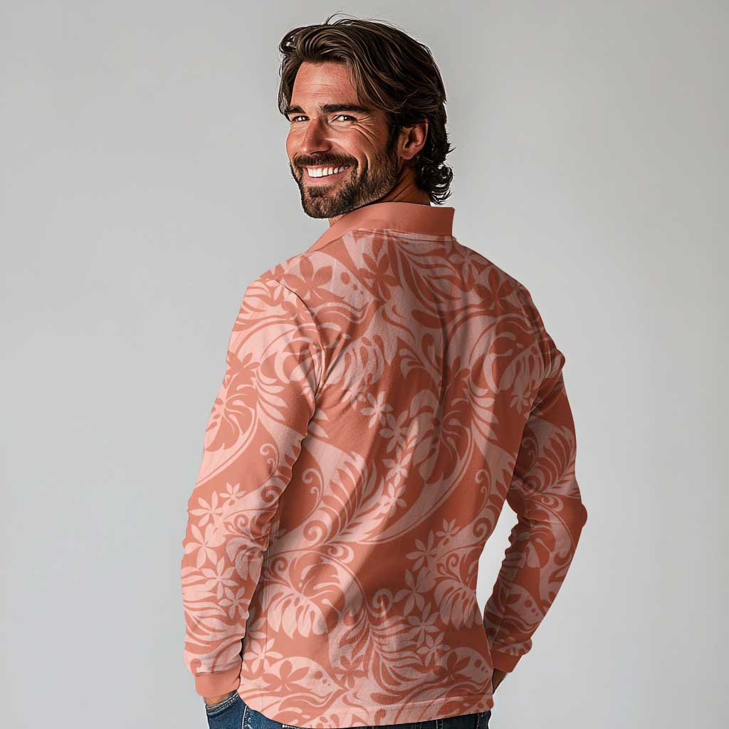 Tahiti Puatou Tiare Floral Long Sleeve Polo Shirt Monstera Palm Tropical Leaves LT01 - Polynesian Pride