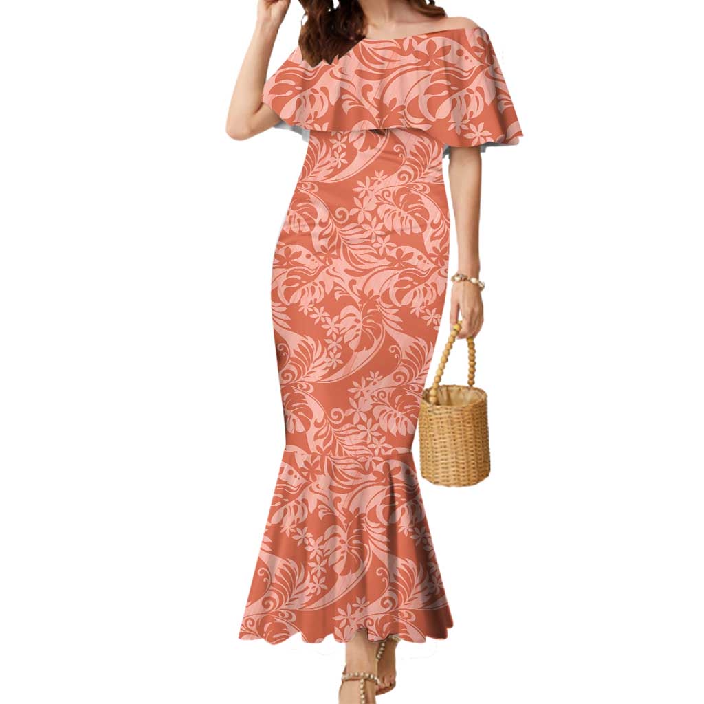 Tahiti Puatou Tiare Floral Mermaid Dress Monstera Palm Tropical Leaves LT01 Women Orange - Polynesian Pride