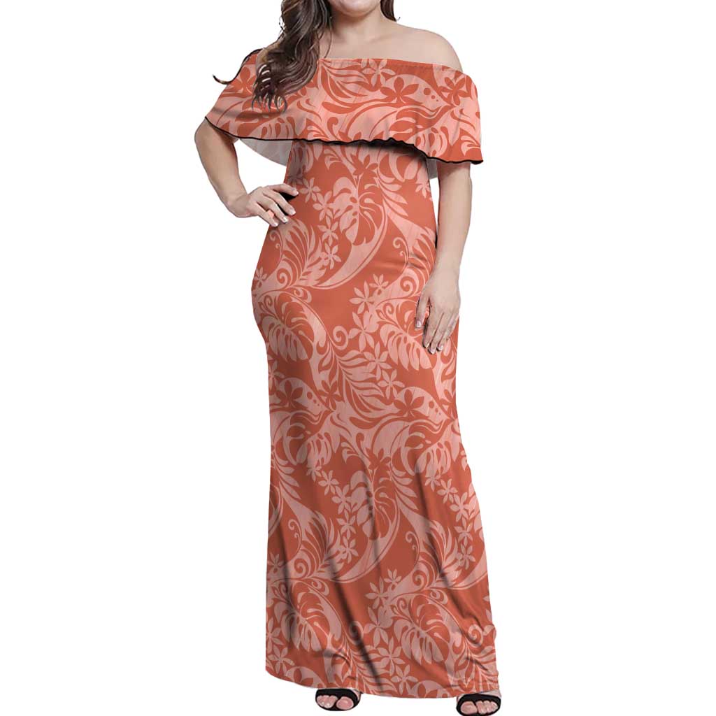 Tahiti Puatou Tiare Floral Off Shoulder Maxi Dress Monstera Palm Tropical Leaves LT01 Women Orange - Polynesian Pride