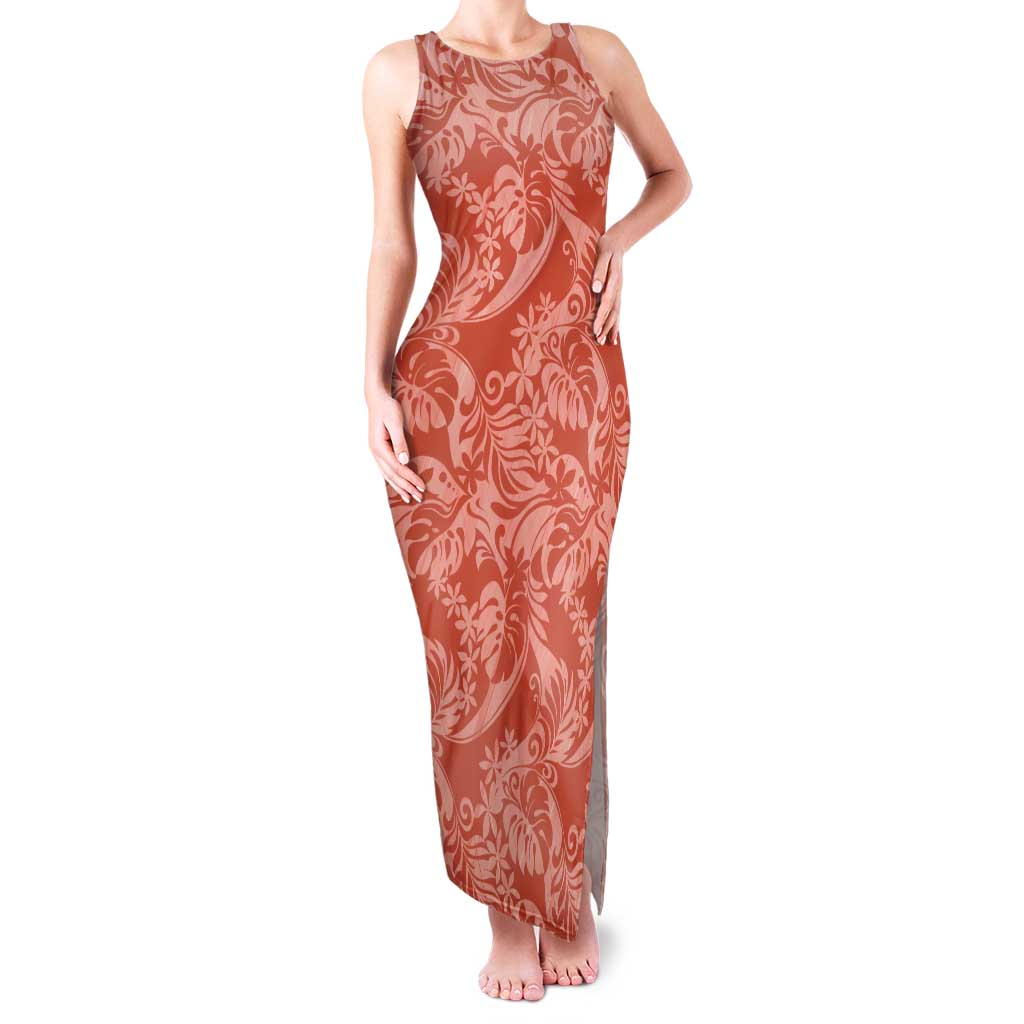 Tahiti Puatou Tiare Floral Tank Maxi Dress Monstera Palm Tropical Leaves LT01 Women Orange - Polynesian Pride