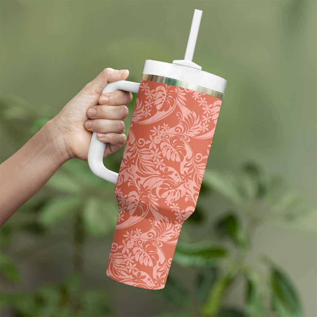 Tahiti Puatou Tiare Floral Tumbler With Handle Monstera Palm Tropical Leaves - Polynesian Pride