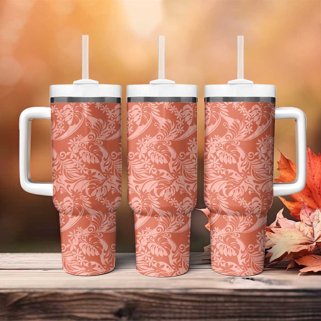 Tahiti Puatou Tiare Floral Tumbler With Handle Monstera Palm Tropical Leaves - Polynesian Pride
