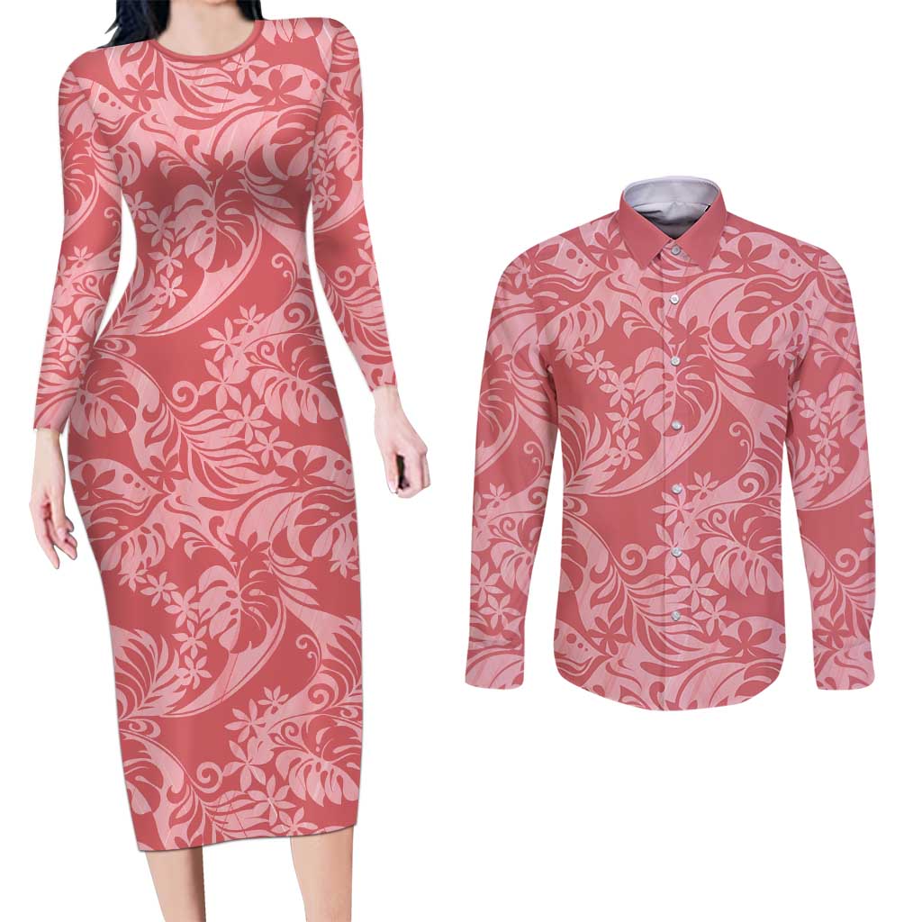 Tahiti Tarona Tiare Floral Couples Matching Long Sleeve Bodycon Dress and Long Sleeve Button Shirt Monstera Palm Tropical Leaves LT01 Pink - Polynesian Pride