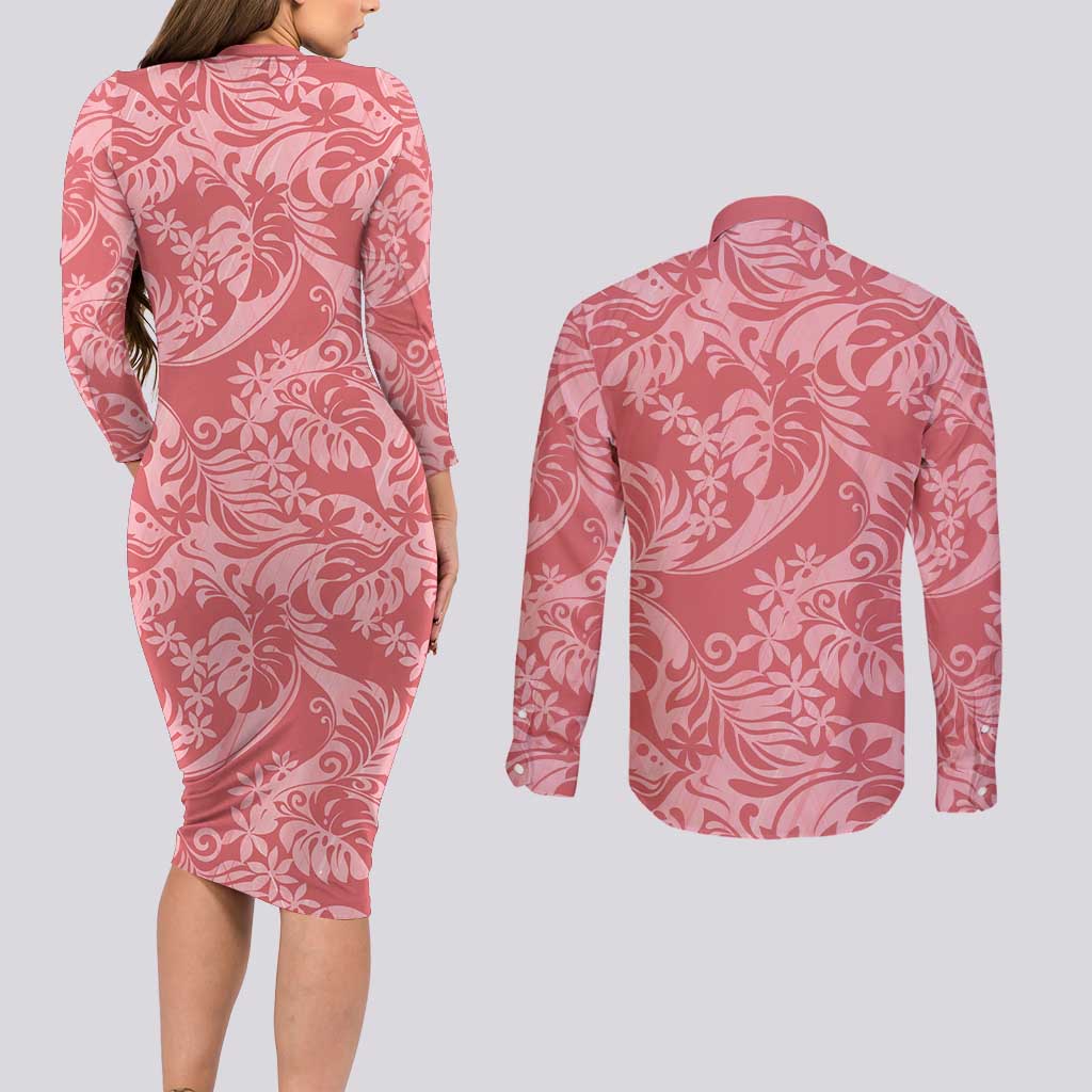 Tahiti Tarona Tiare Floral Couples Matching Long Sleeve Bodycon Dress and Long Sleeve Button Shirt Monstera Palm Tropical Leaves LT01 - Polynesian Pride