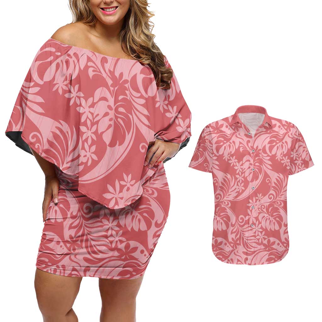 Tahiti Tarona Tiare Floral Couples Matching Off Shoulder Short Dress and Hawaiian Shirt Monstera Palm Tropical Leaves - Polynesian Pride
