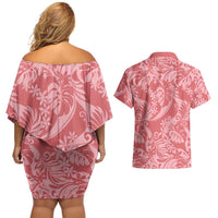 Tahiti Tarona Tiare Floral Couples Matching Off Shoulder Short Dress and Hawaiian Shirt Monstera Palm Tropical Leaves LT01 - Polynesian Pride