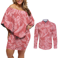 Tahiti Tarona Tiare Floral Couples Matching Off Shoulder Short Dress and Long Sleeve Button Shirt Monstera Palm Tropical Leaves LT01 Pink - Polynesian Pride