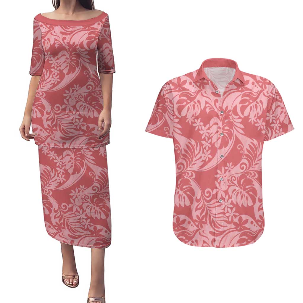 Tahiti Tarona Tiare Floral Couples Matching Puletasi and Hawaiian Shirt Monstera Palm Tropical Leaves - Polynesian Pride